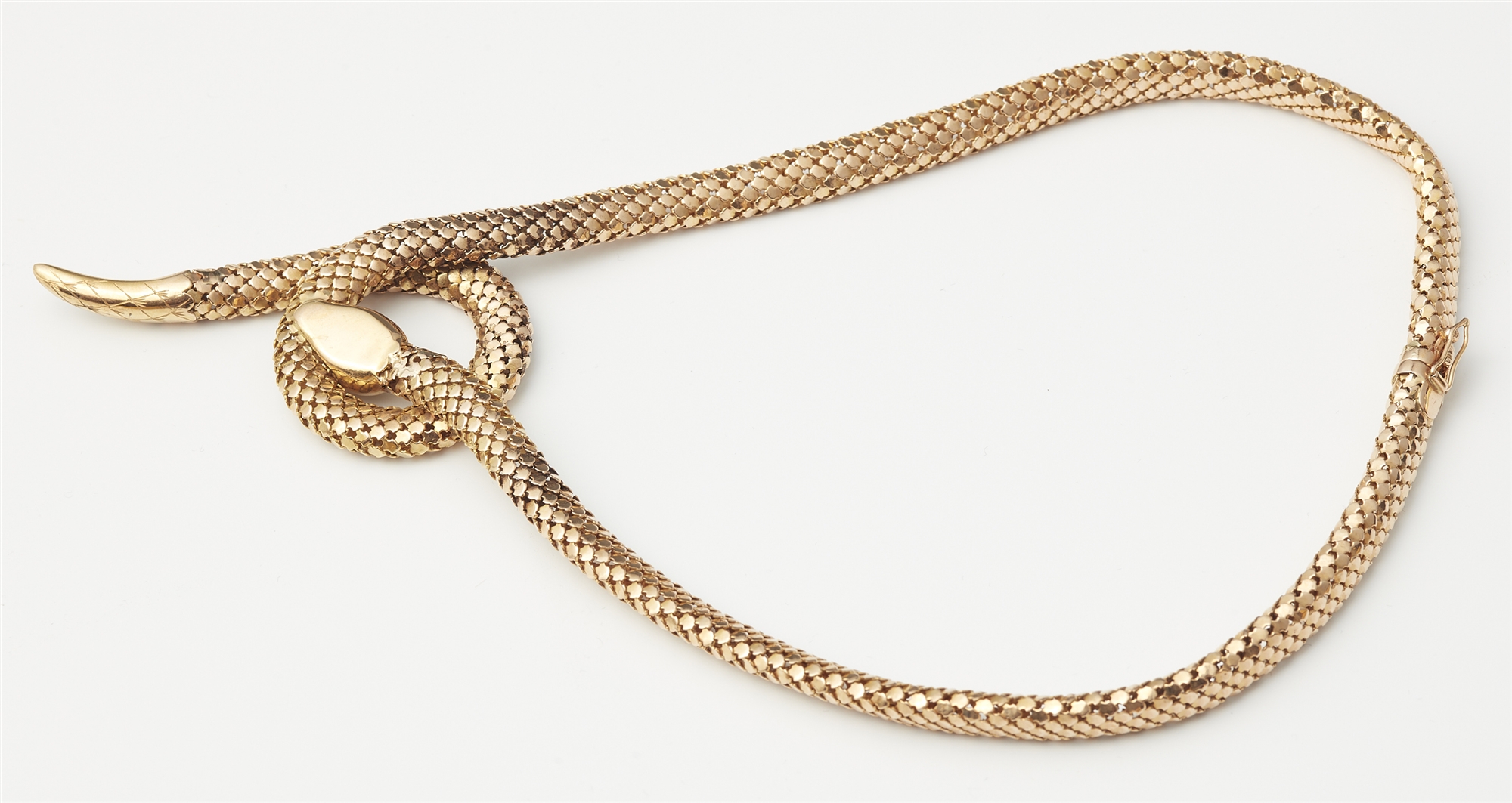 A flexible 18k red gold tubogaz snake necklace with emerald eyes. - Image 3 of 3