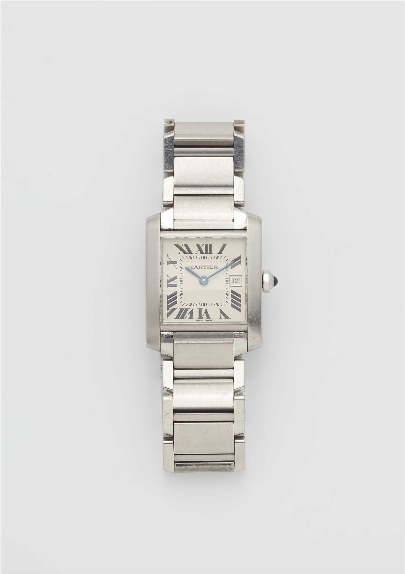 A stainless steel quartz Cartier Tank Française ladies wristwatch.