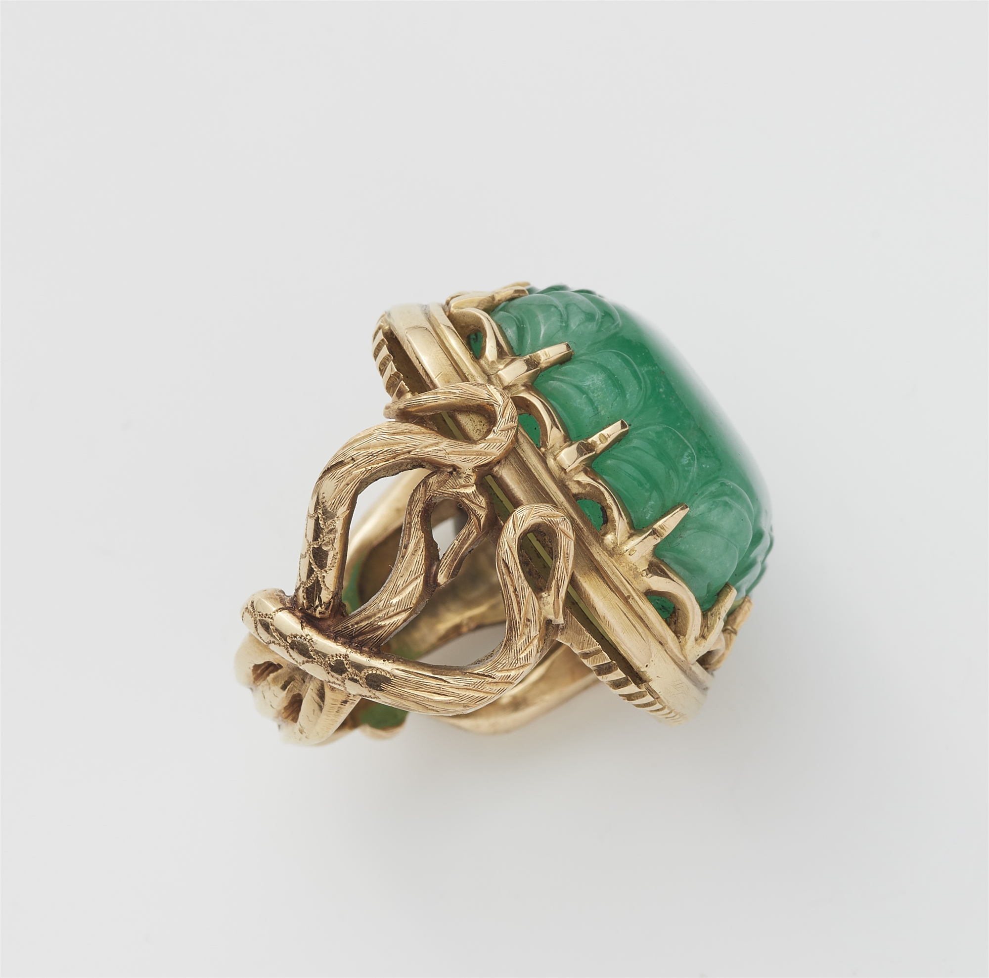 An Italian 18k gold and large carved emerald snake ring. - Image 2 of 3