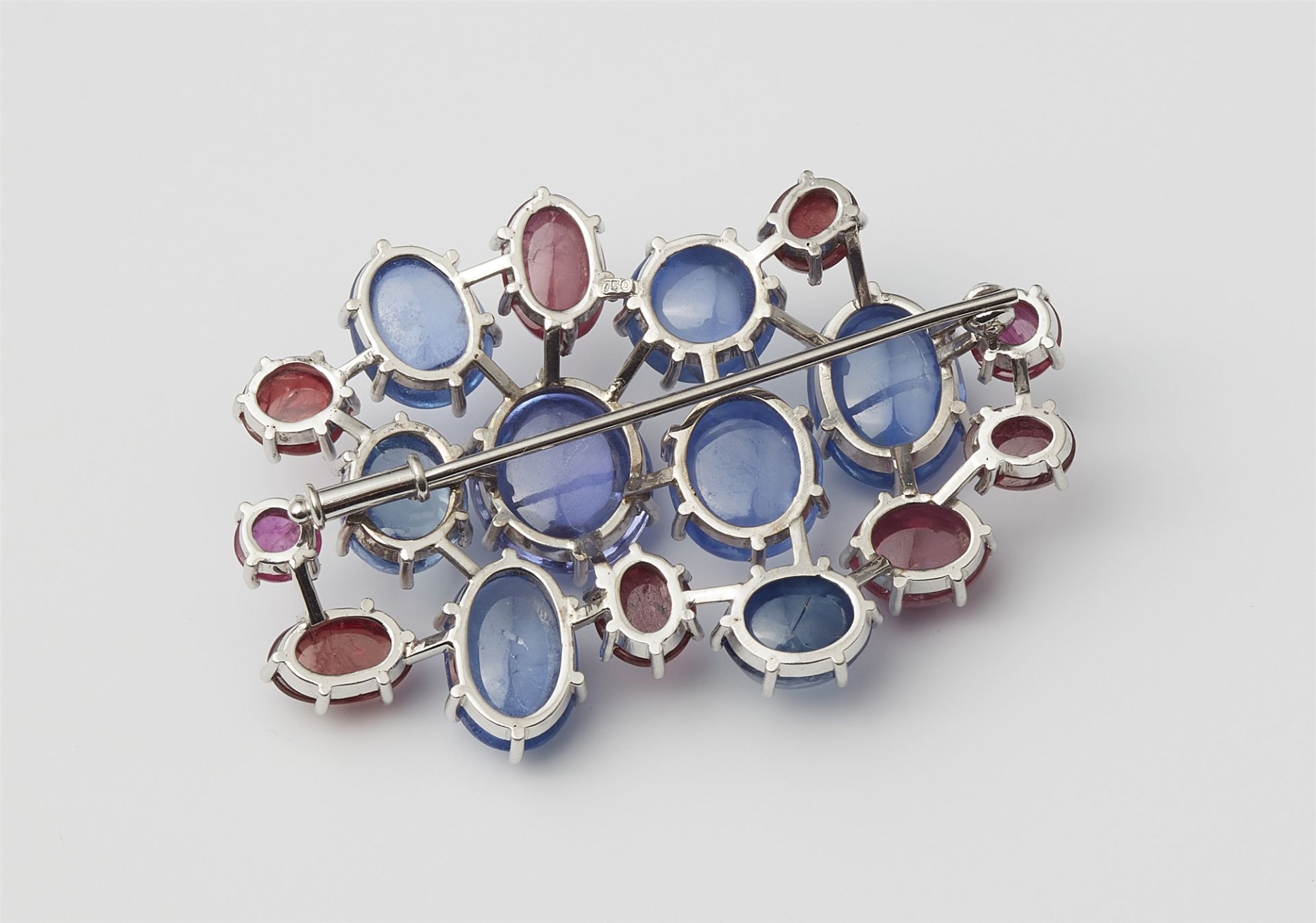 A German 18k white gold Ceylon sapphire and ruby cabochon brooch. - Image 3 of 3