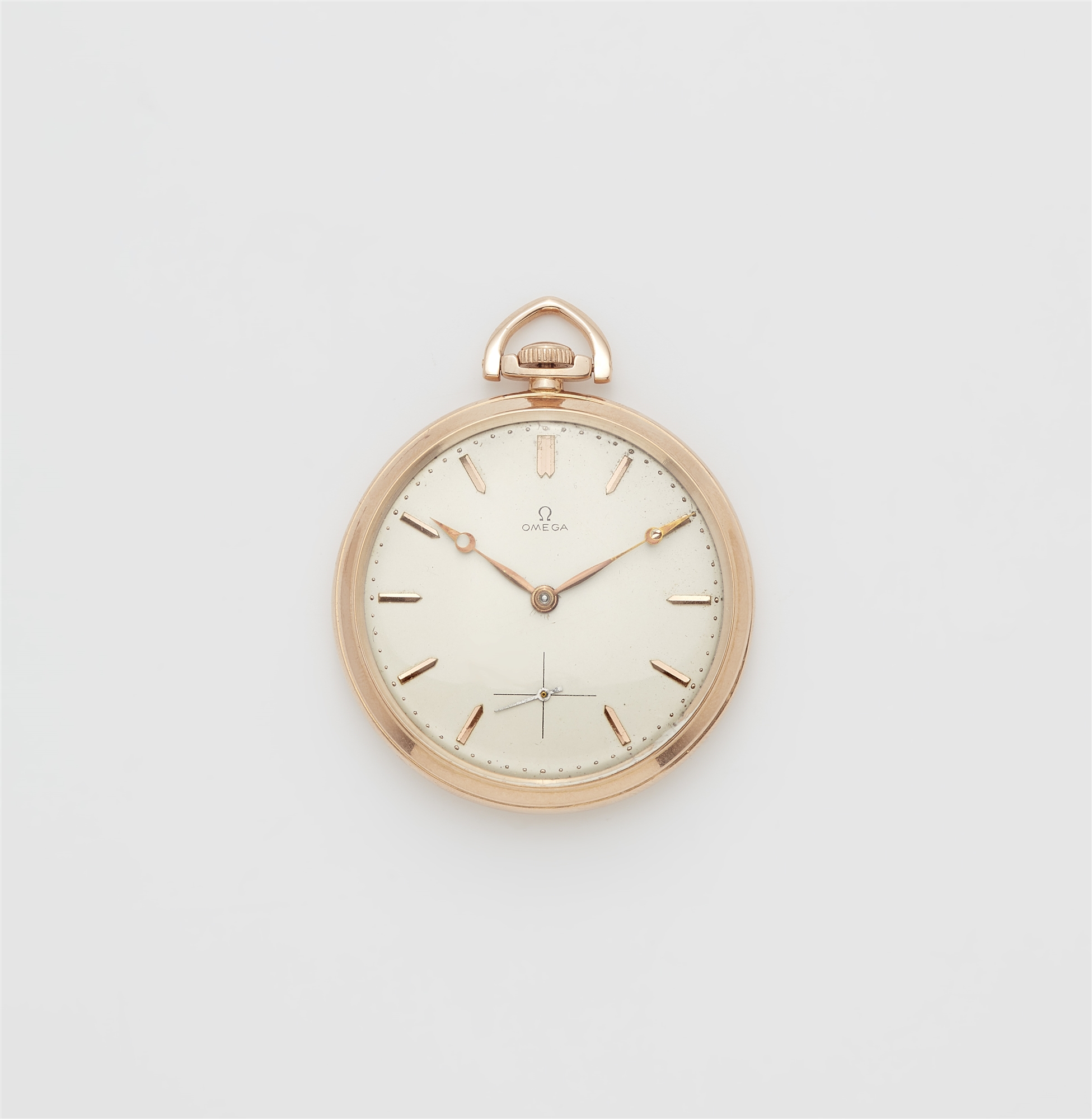 An 18k rose gold Omega Lepine pocket watch.