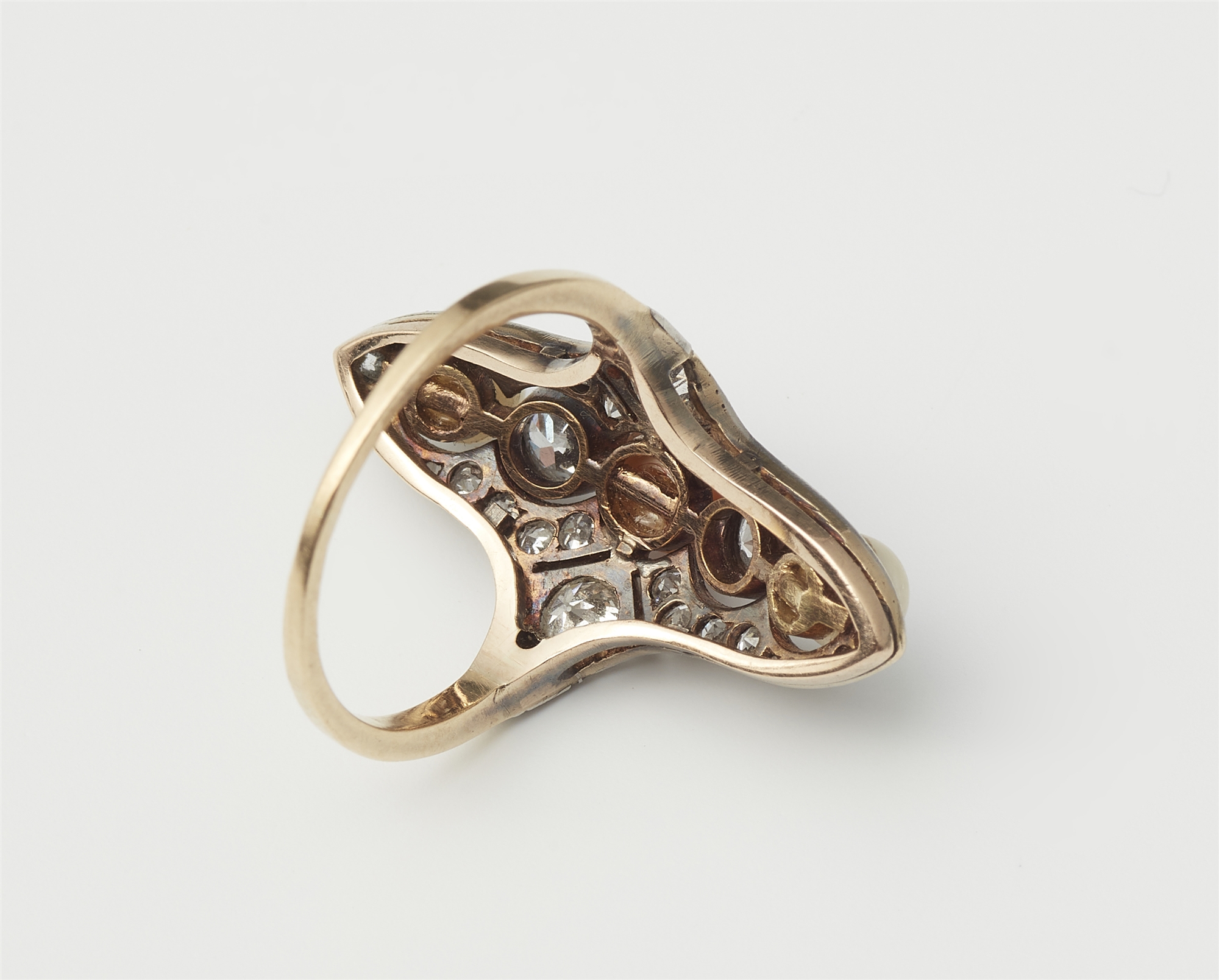 An Art Déco 14k gold platinum diamond and pearl Marquise ring. - Image 2 of 2