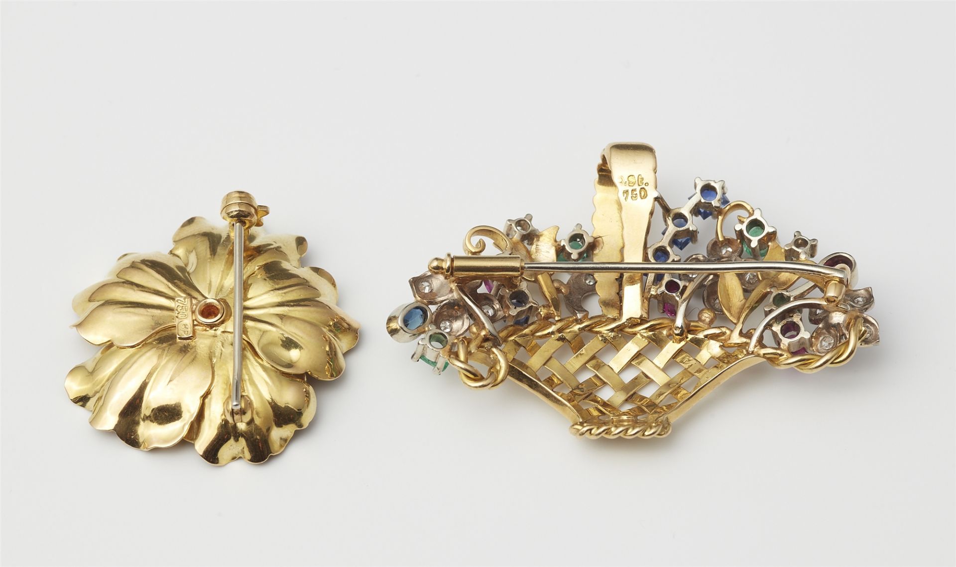 Two German 18k gold gemstone and pearl floral brooches. - Image 3 of 3