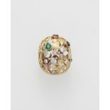 A German 18k gold diamond pearl and gemstone domed ring.