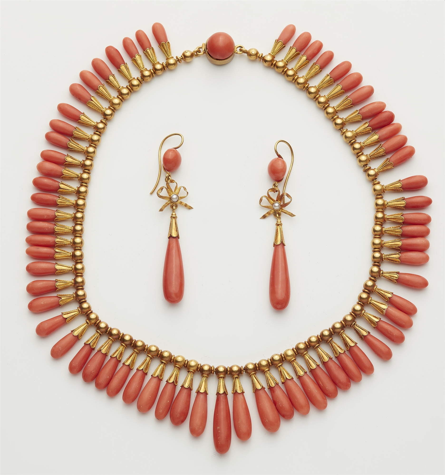 An 18k gold and Sciacca coral Etruscan Revival demi-parure. - Image 2 of 4