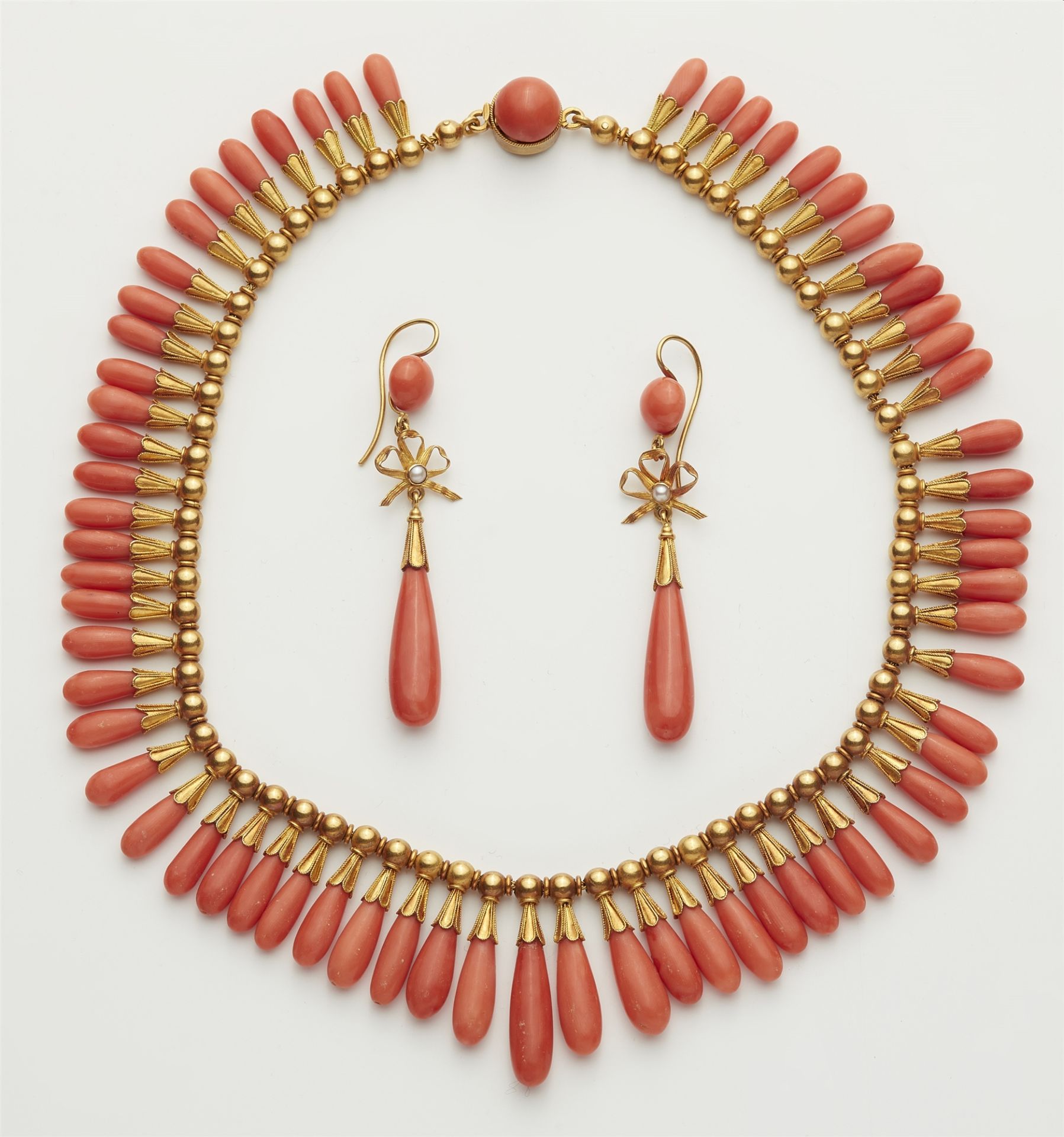 An 18k gold and Sciacca coral Etruscan Revival demi-parure. - Image 2 of 4