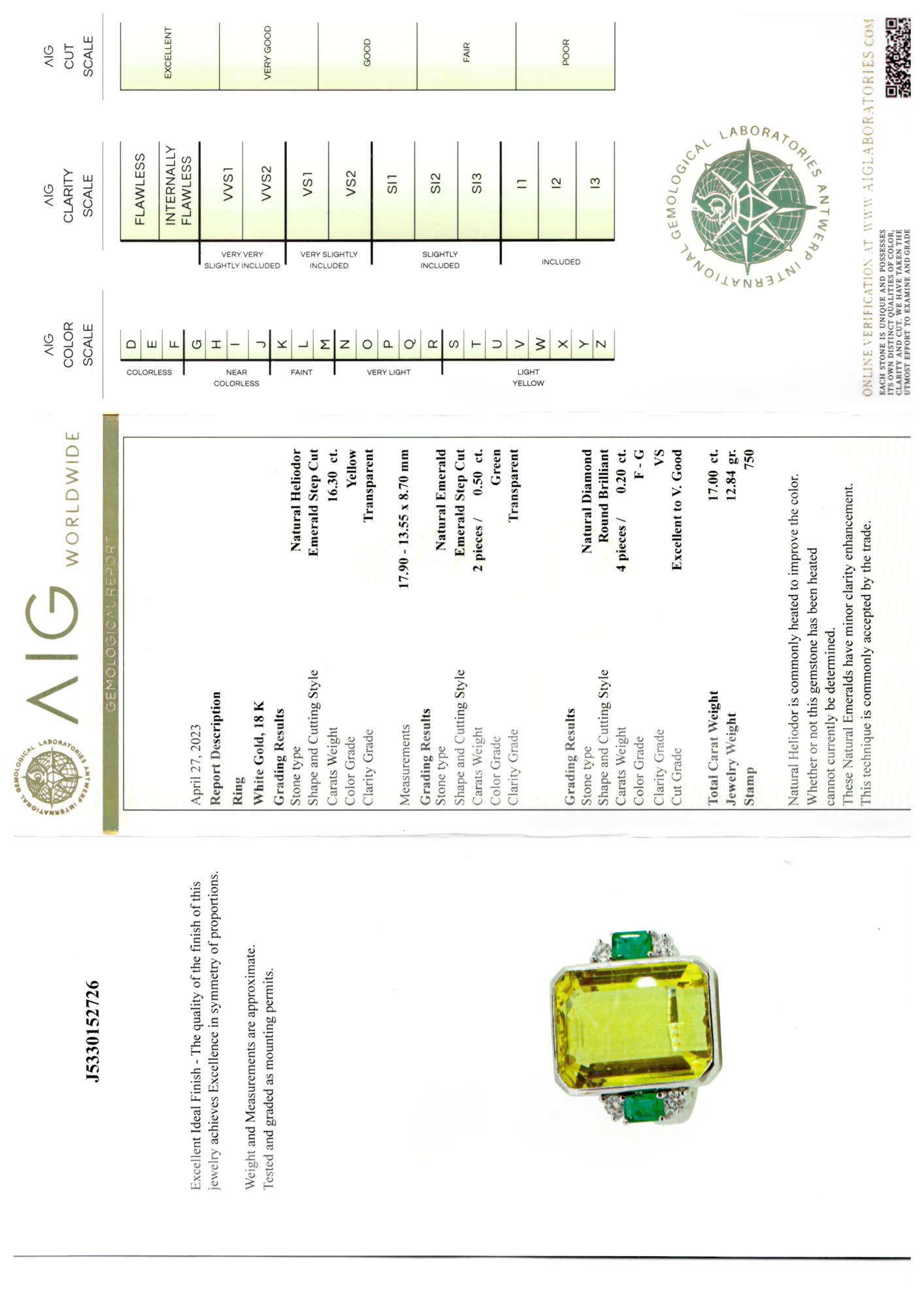 An 18k white gold diamond emerald and natural heliodor (lemon green beryl) ring. - Image 3 of 3