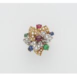 An Italian 18k gold diamond emerald ruby and sapphire cocktail ring.