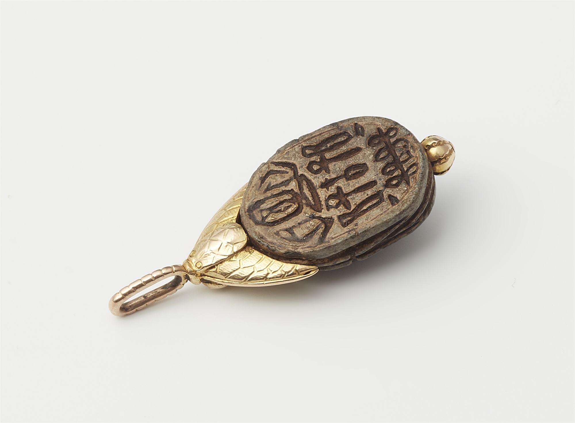 A Neoclassical 14k gold and Ancient Egyptian steatite scarab pendant. - Image 2 of 2