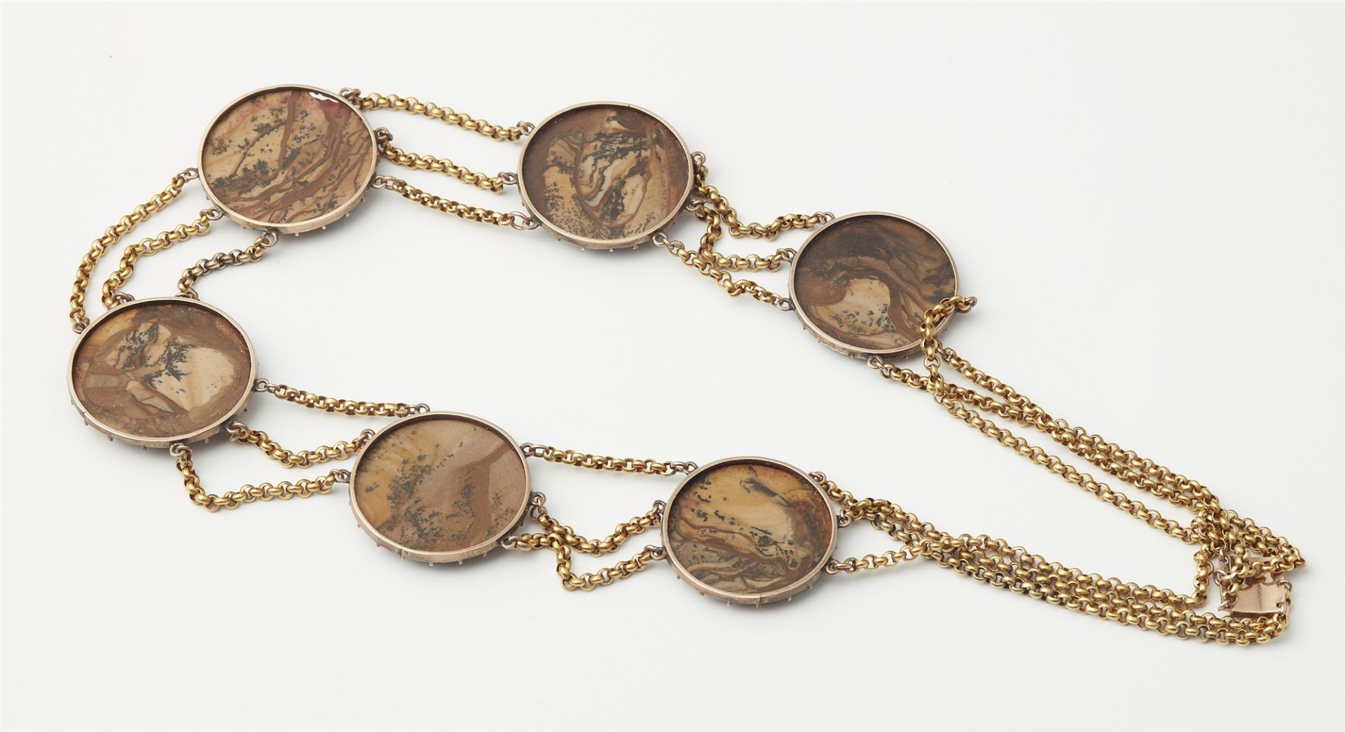 A possibly English 14k gold and landscape agate garland necklace. - Image 2 of 2