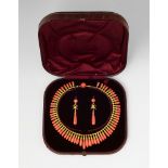 An 18k gold and Sciacca coral Etruscan Revival demi-parure.