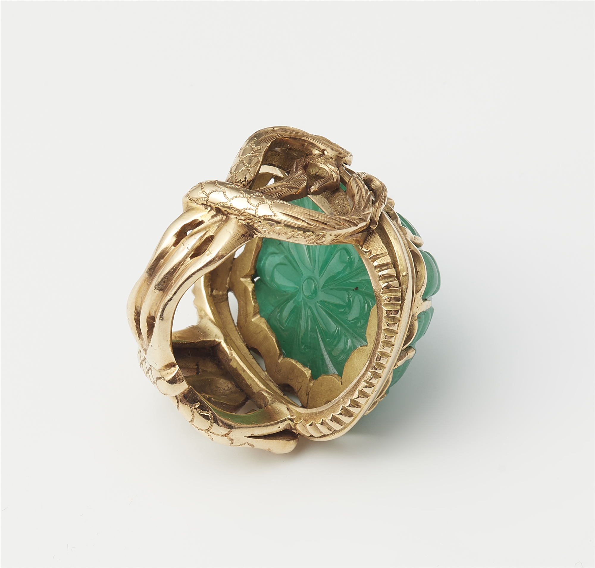 An Italian 18k gold and large carved emerald snake ring. - Image 3 of 3