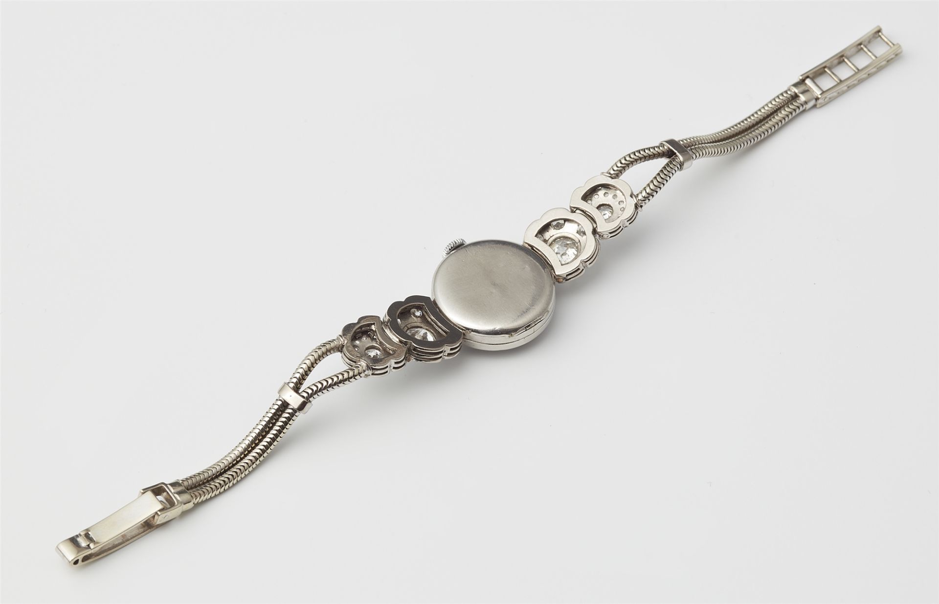 A platinum and diamond Art Déco ladies wristwatch with 18k gold tubogaz bracelet. - Image 2 of 2