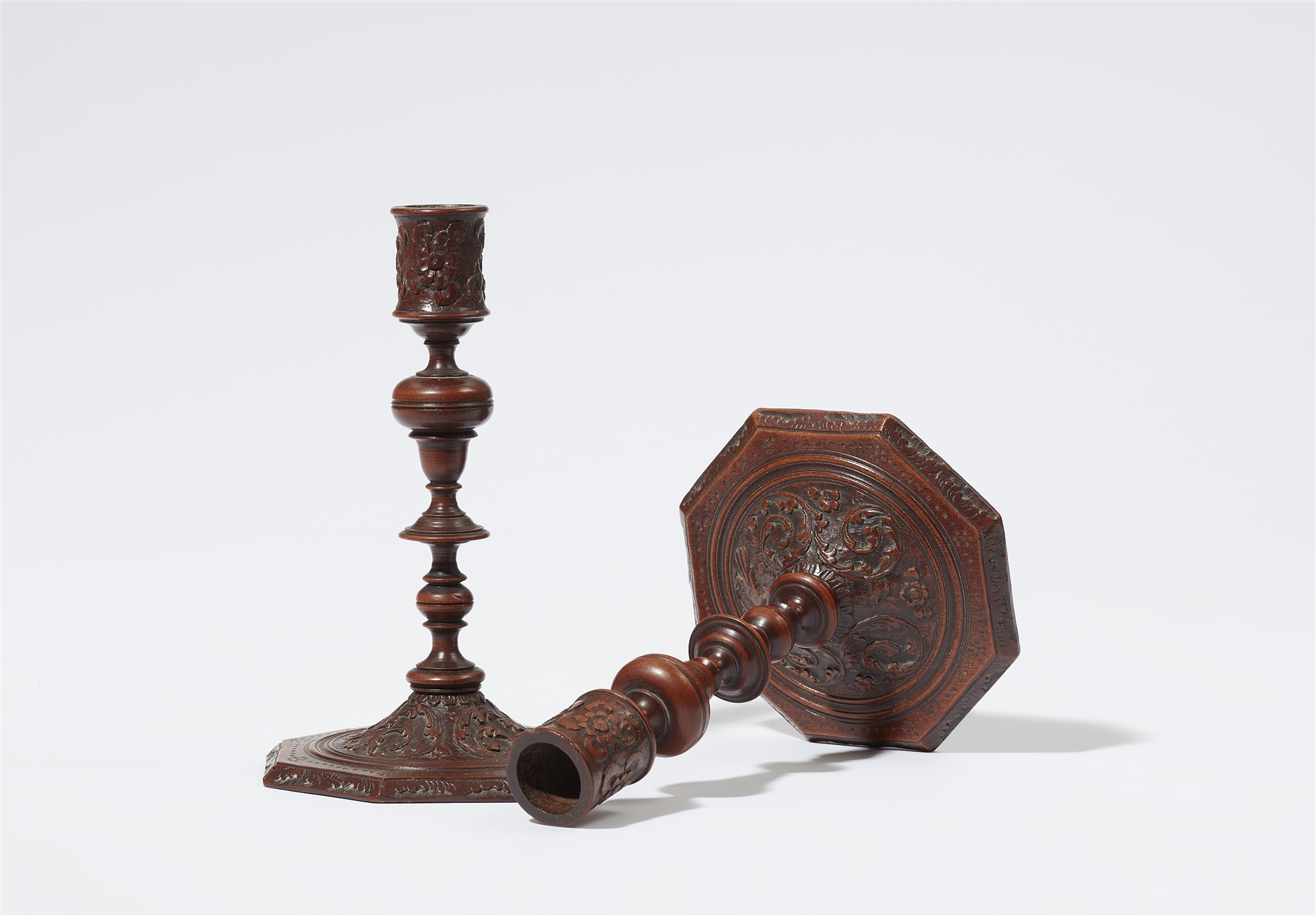 A museum quality pair of carved wood candlesticks - Image 2 of 2