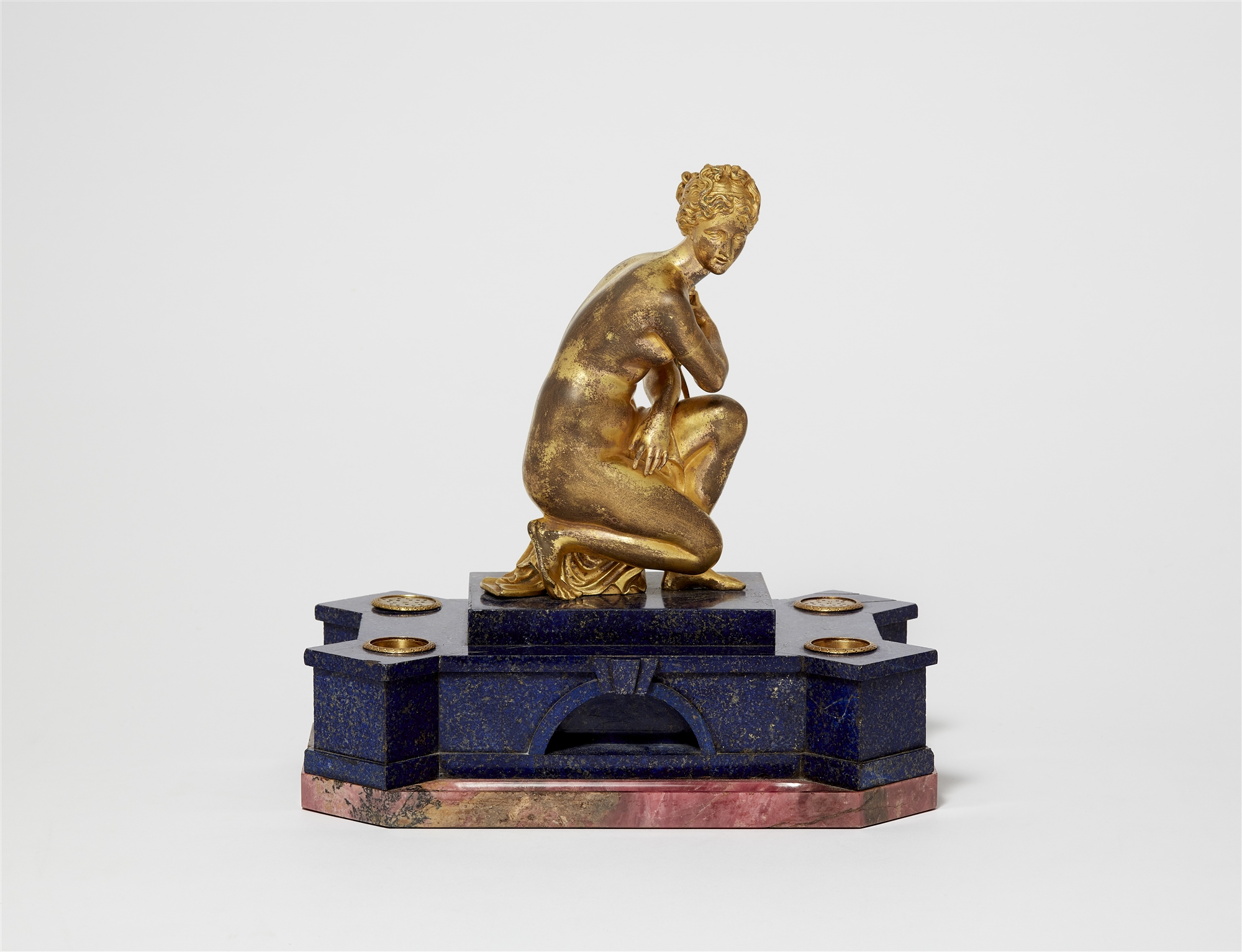 A gemstone ink well with the gilt bronze figure of a bathing Diana