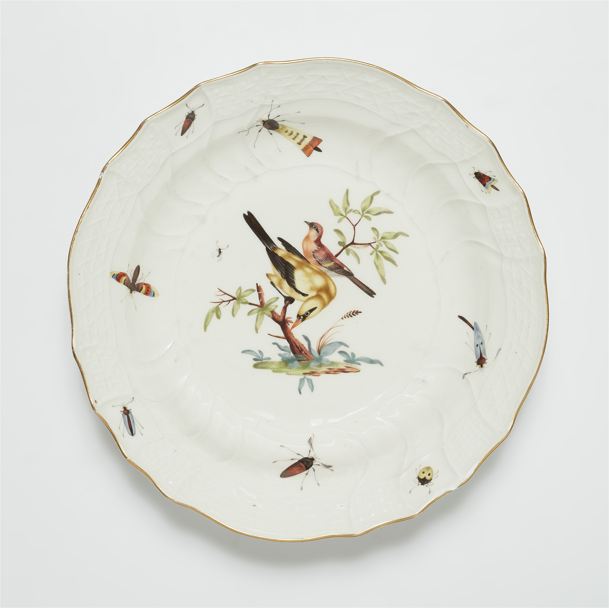 A Meissen porcelain dish with native birds and insects from a dinner service for King Friedrich II