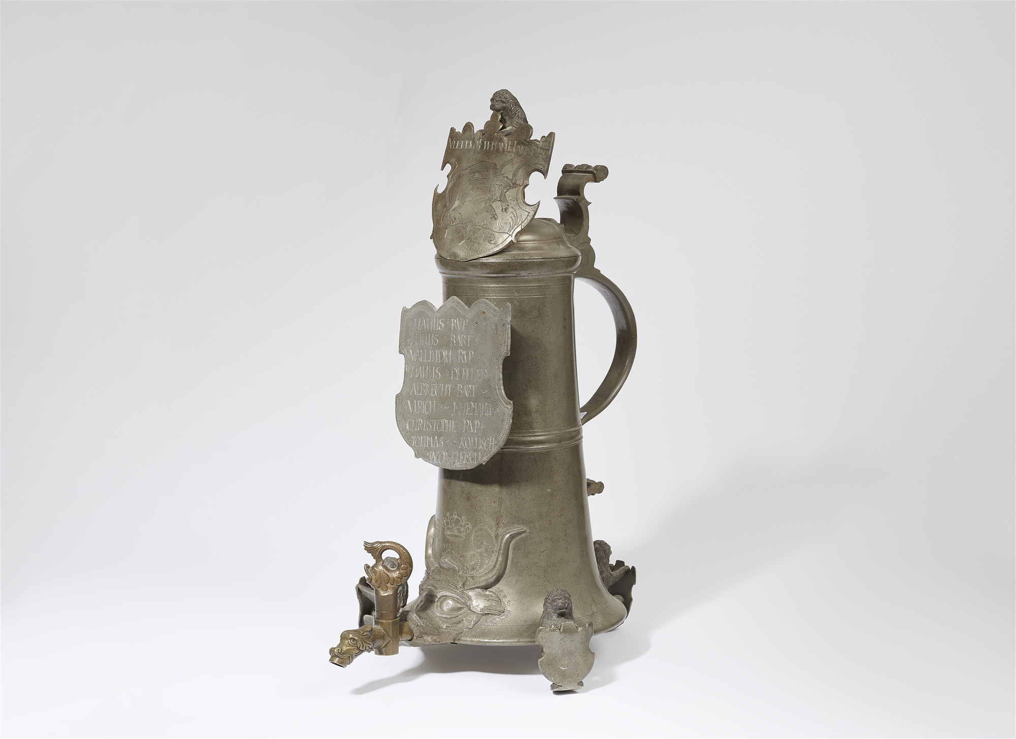 A pewter jug made for the Nuremberg butchers' guild