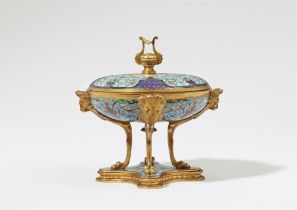 An enamel stembowl and cover by Maison Alphonse Giroux