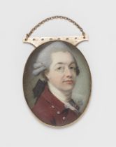 An English portrait miniature of a young gentleman in a claret red coat