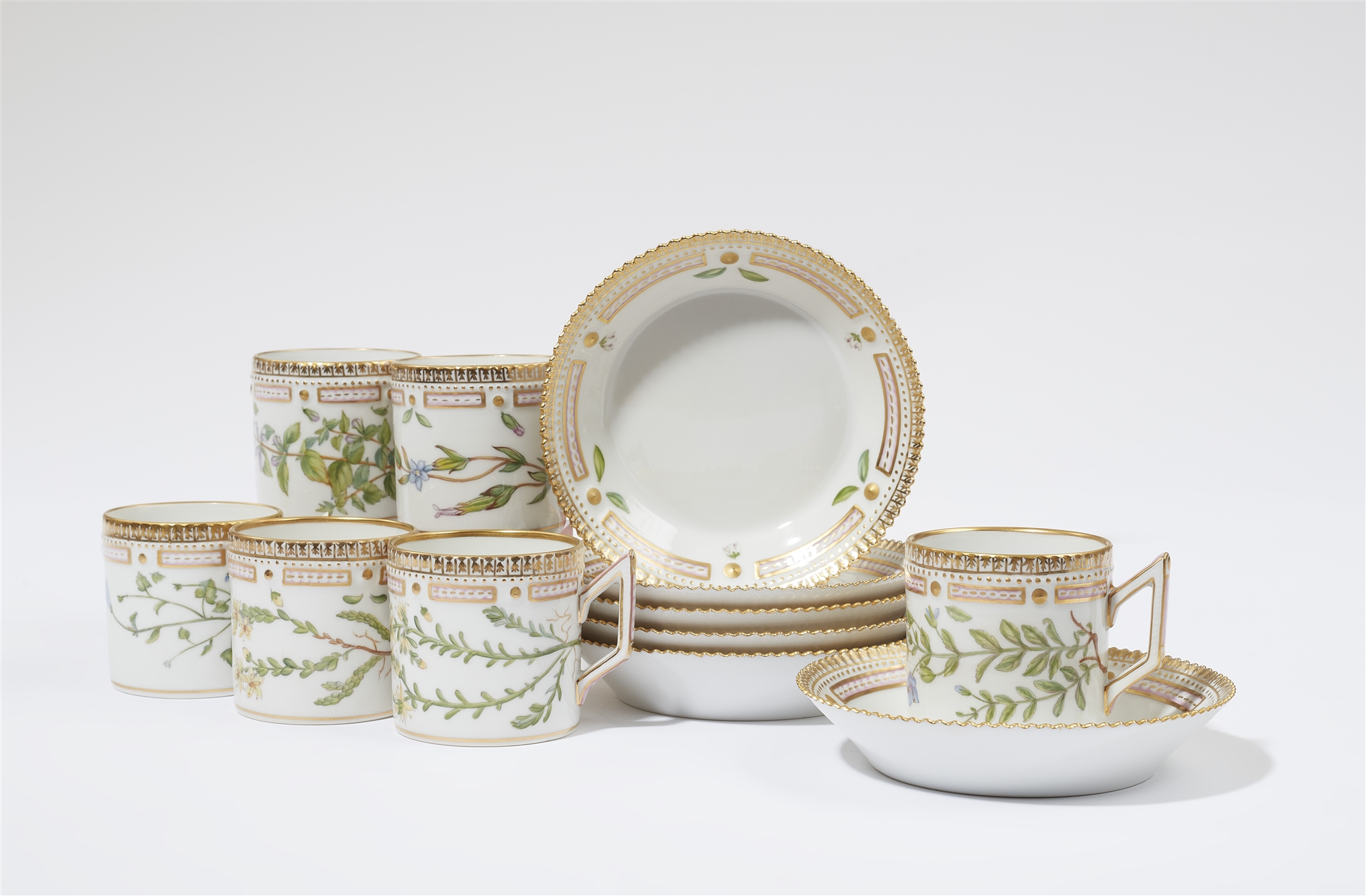Six Royal Copenhagen porcelain "Flora Danica" mocca cups and saucers