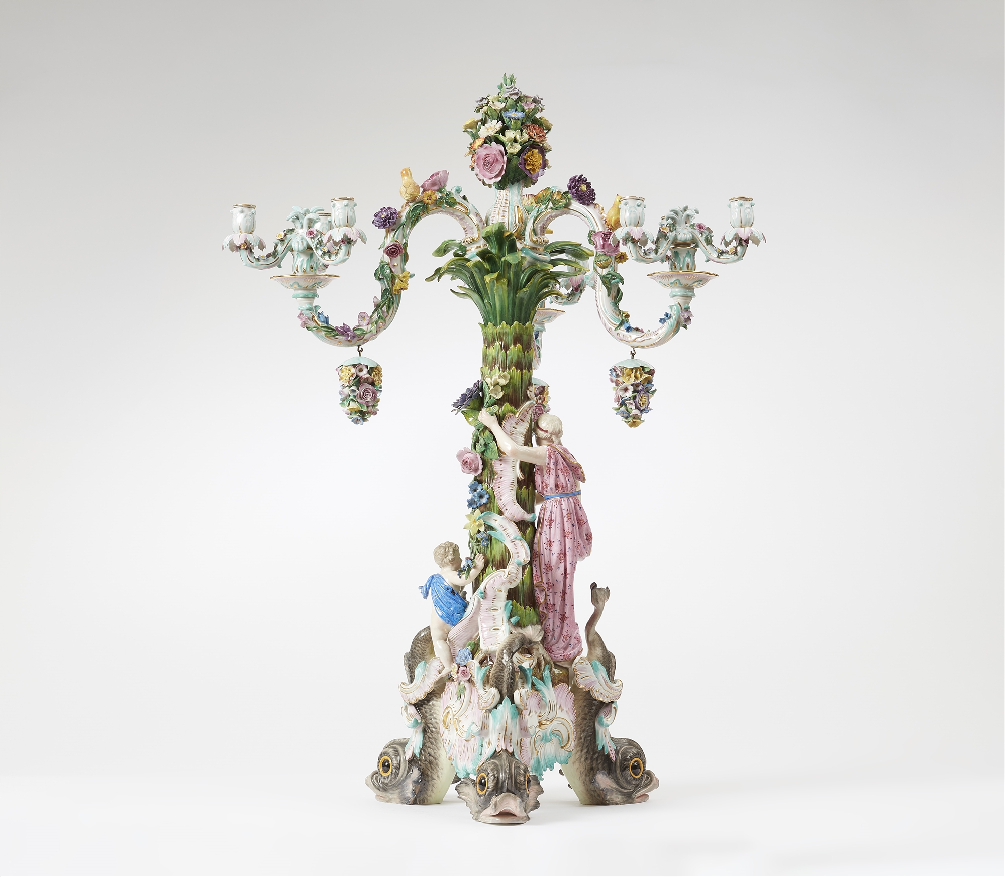 A large Meissen porcelain candelabra on dolphin supports - Image 2 of 3