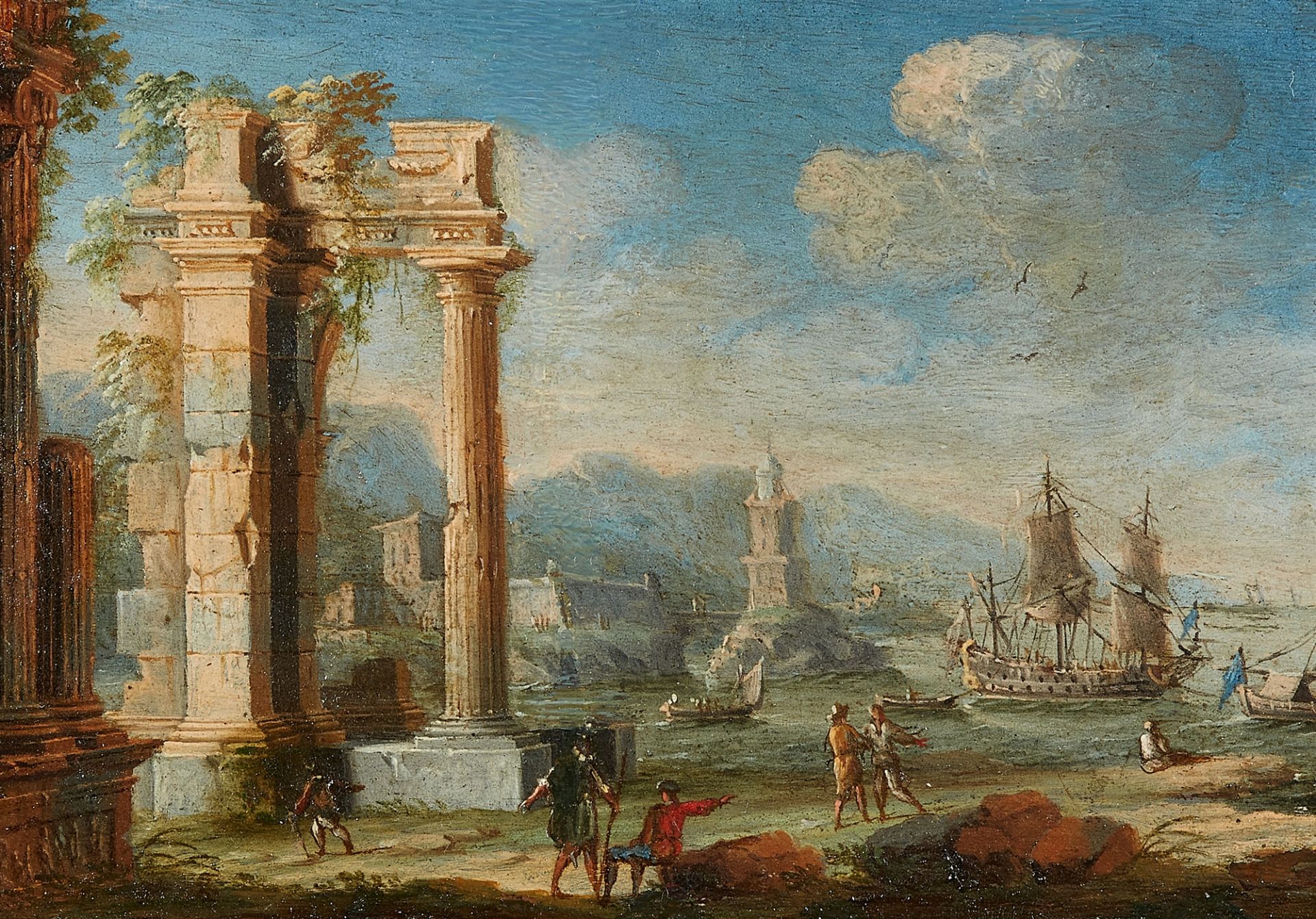 Gennaro Greco, Pair of Architectural Capricci with Ruins by a Harbour