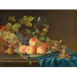 Justus Juncker, Still life with a Chinese Dish with Peaches, a Roemer, a Silver Covered Cup and Grap