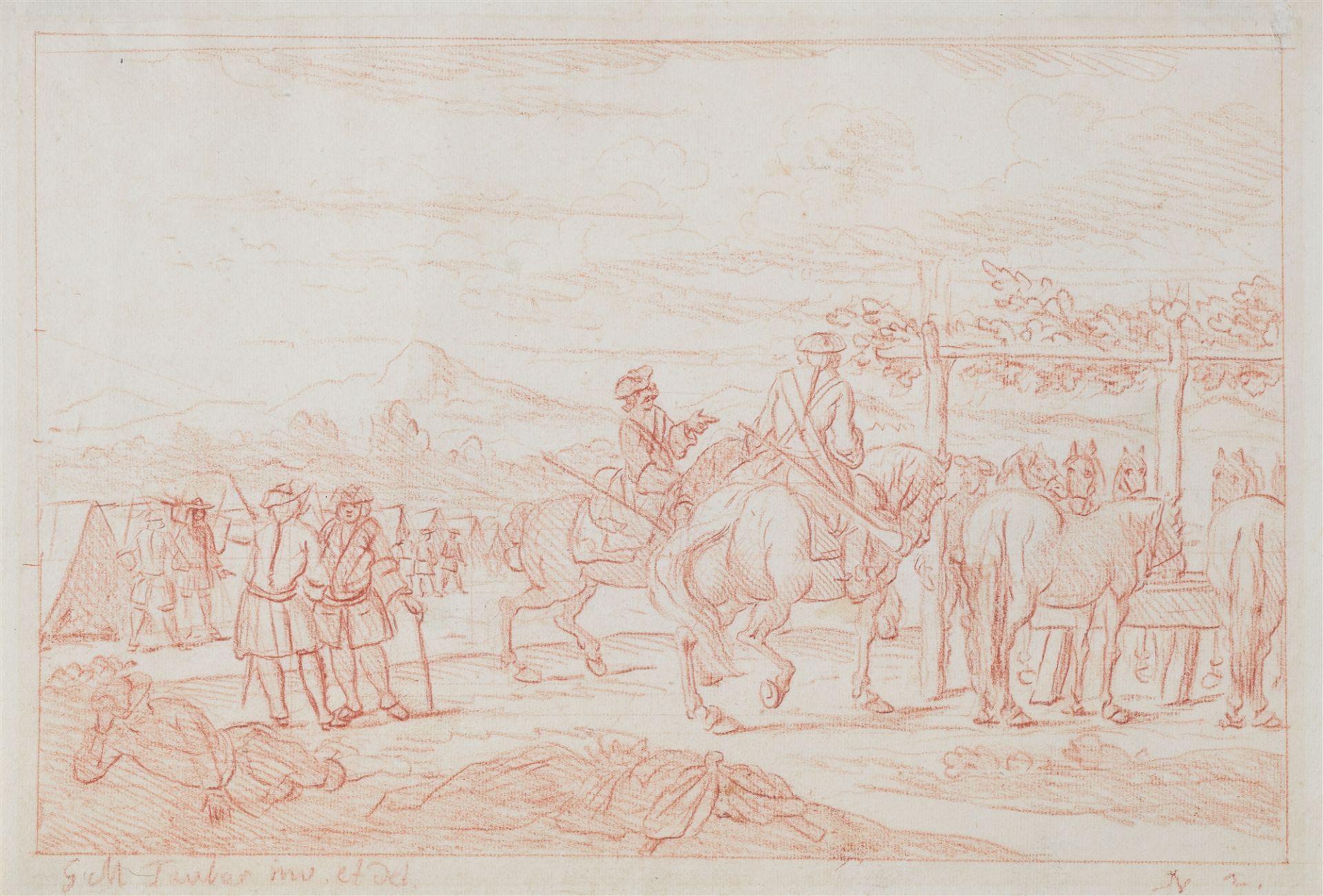 Georg Michael Tauber, Three red Chalk Drawings: Encampments and Cavalry Battles between the Emperors - Image 3 of 3