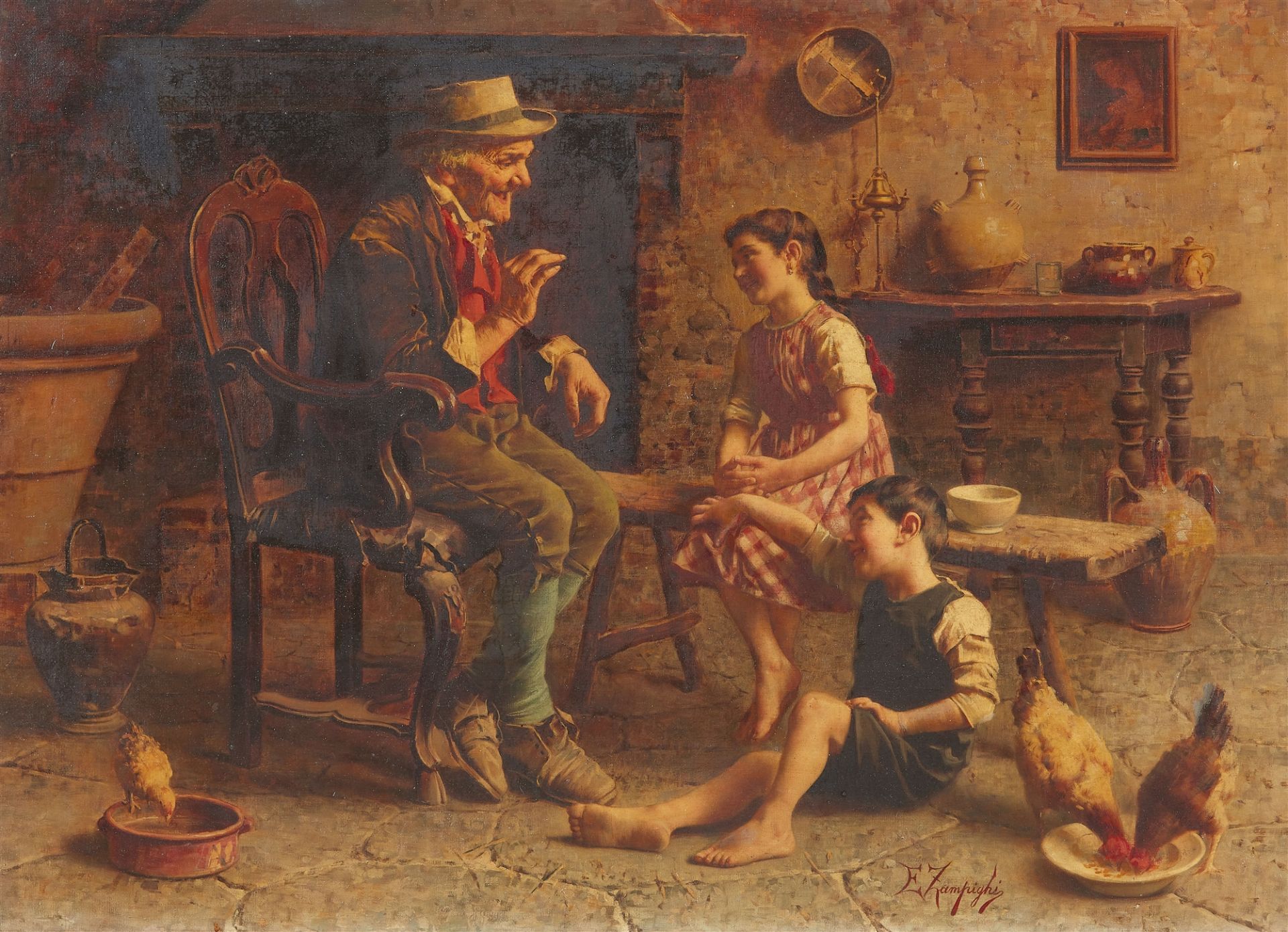 Eugenio Zampighi, Küchenszene mit altem Mann, Kindern und Geflügel