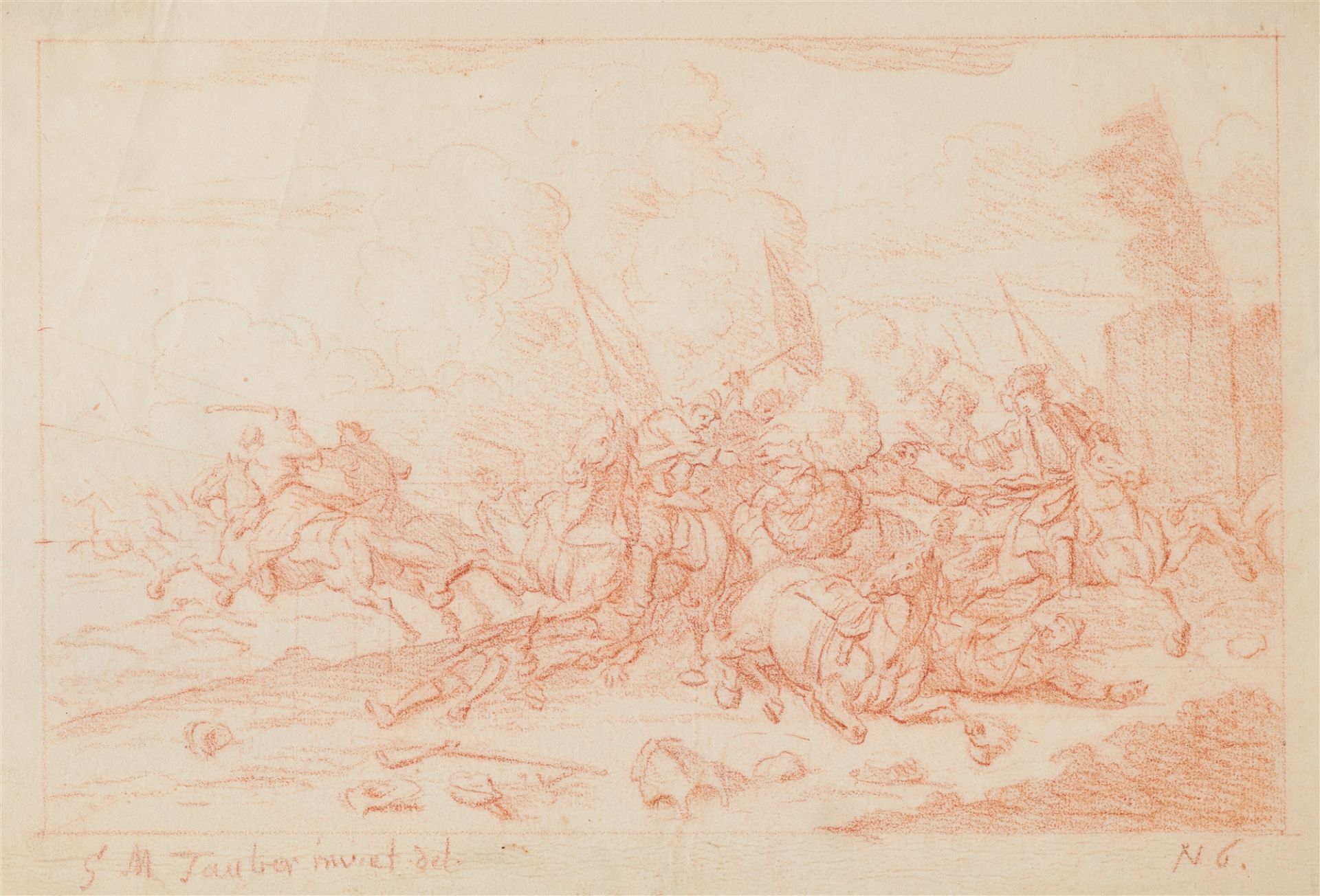 Georg Michael Tauber, Three red Chalk Drawings: Encampments and Cavalry Battles between the Emperors