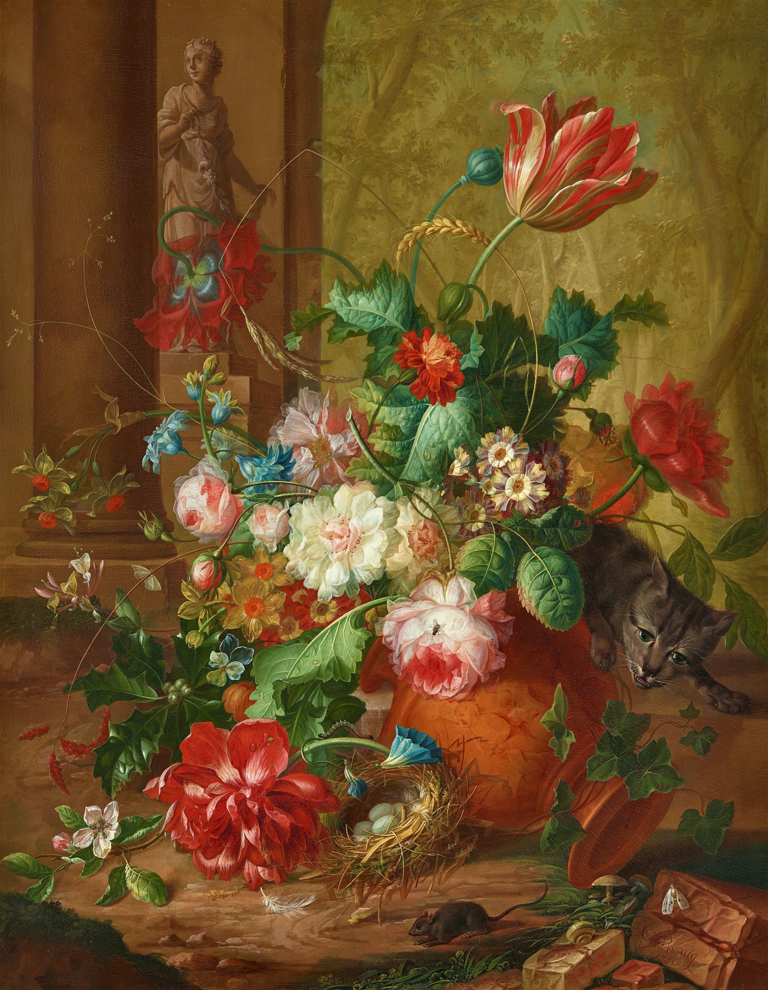 Johannes Christianus Roedig, Still Life of Flowers with Stone Sculpture, Cat and Mouse, , Fruit Stil