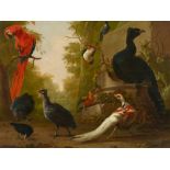 Abraham Bisschop, A Red Macaw, Guinea Fowl, a Silver Pheasant and other Exotic Birds in a Park