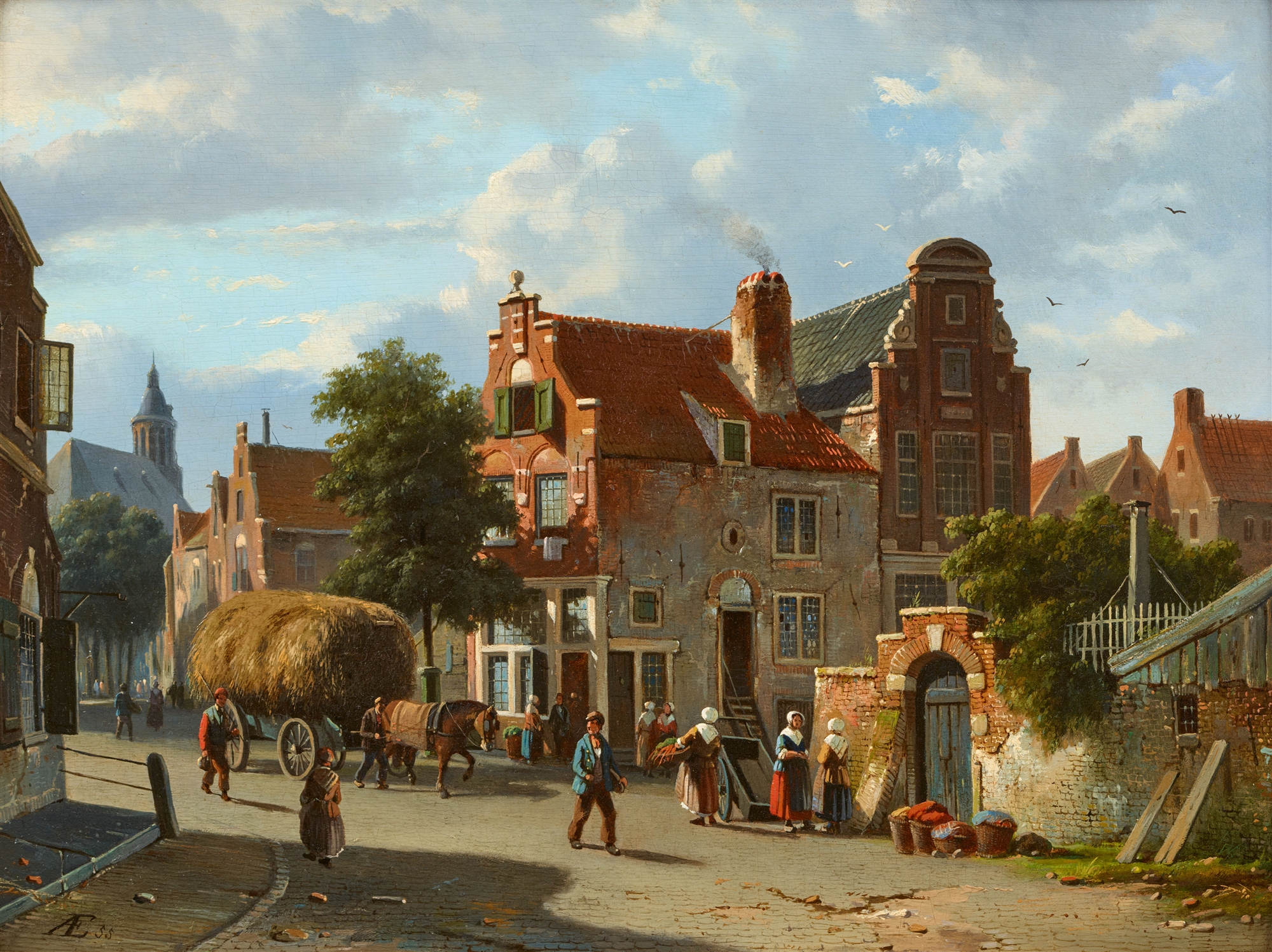 Adrianus Eversen, Pair of paintings: Summer View of a Town with a Haywain and Figures, Dutch Canal S