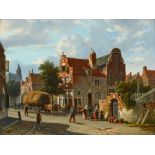 Adrianus Eversen, Paar Gemälde: Sommerliche Stadtansicht mit einem Heuwagen und vielen Figuren, Holl