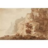 Deutscher Künstler um 1800, Flusslandschaft mit felsiger Steilwand und einem Ziegenhirten