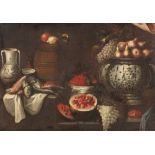 Spanish School 17th Century, Still life with Fruit, Ceramic Vessels and a Small Wooden Barrel