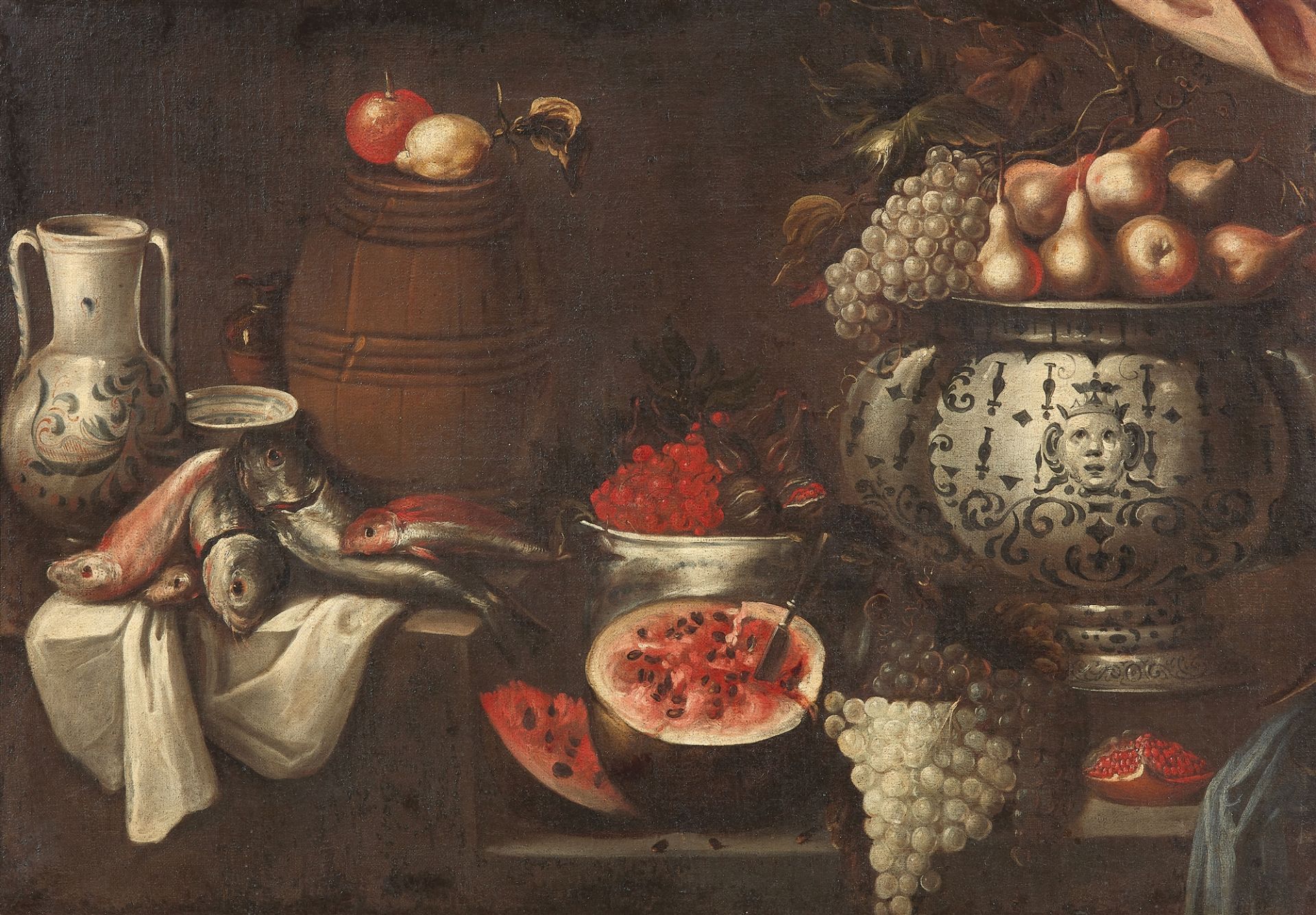 Spanish School 17th Century, Still life with Fruit, Ceramic Vessels and a Small Wooden Barrel