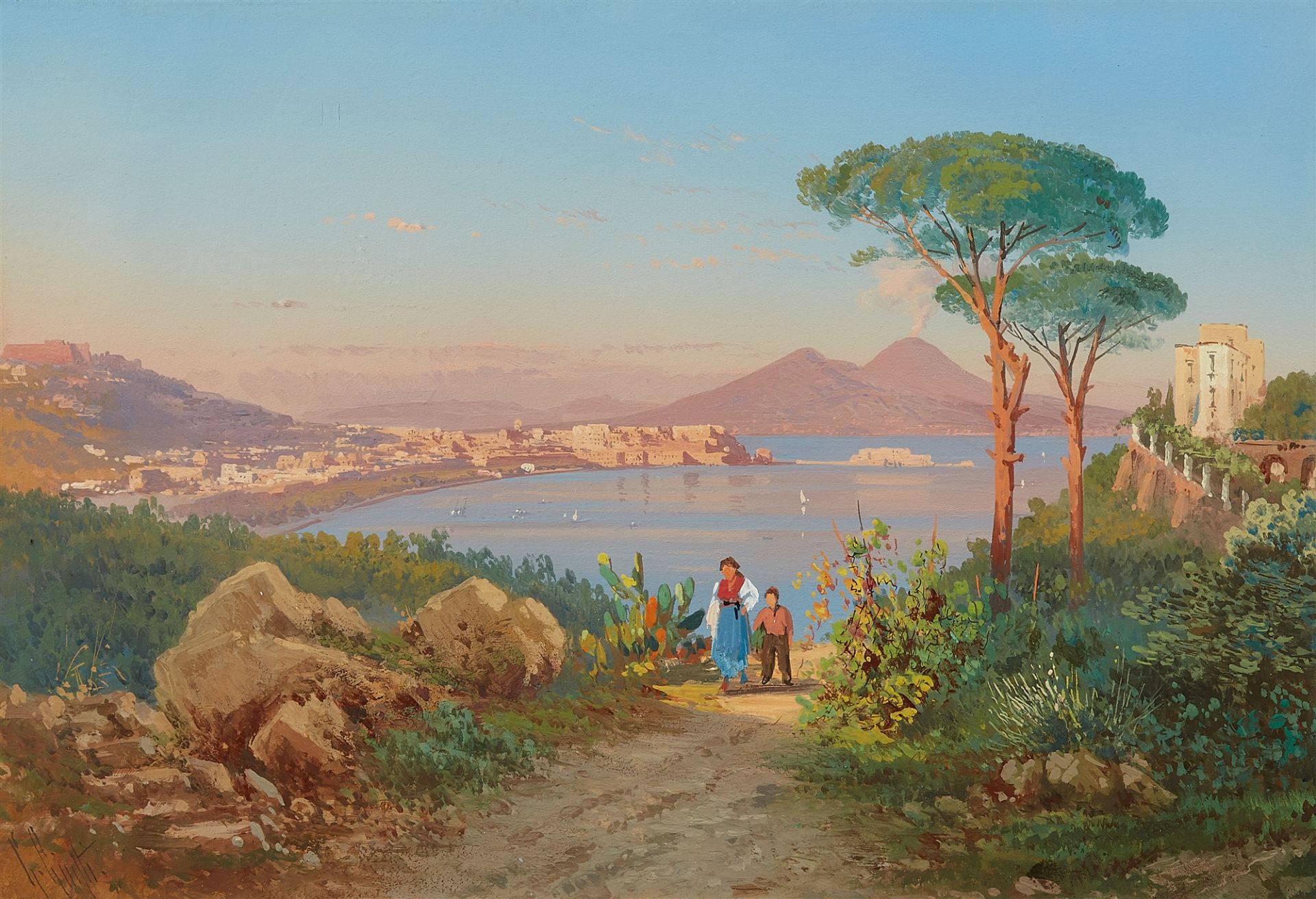 Guglielmo Giusti, Ansicht der Bucht von Neapel, Anicht von Pompei mit dem Vesuv im Hintergrund