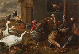 Adriaen van Utrecht, Geflügelhof mit Puten, Truthahn, Gänsen und Hühnern