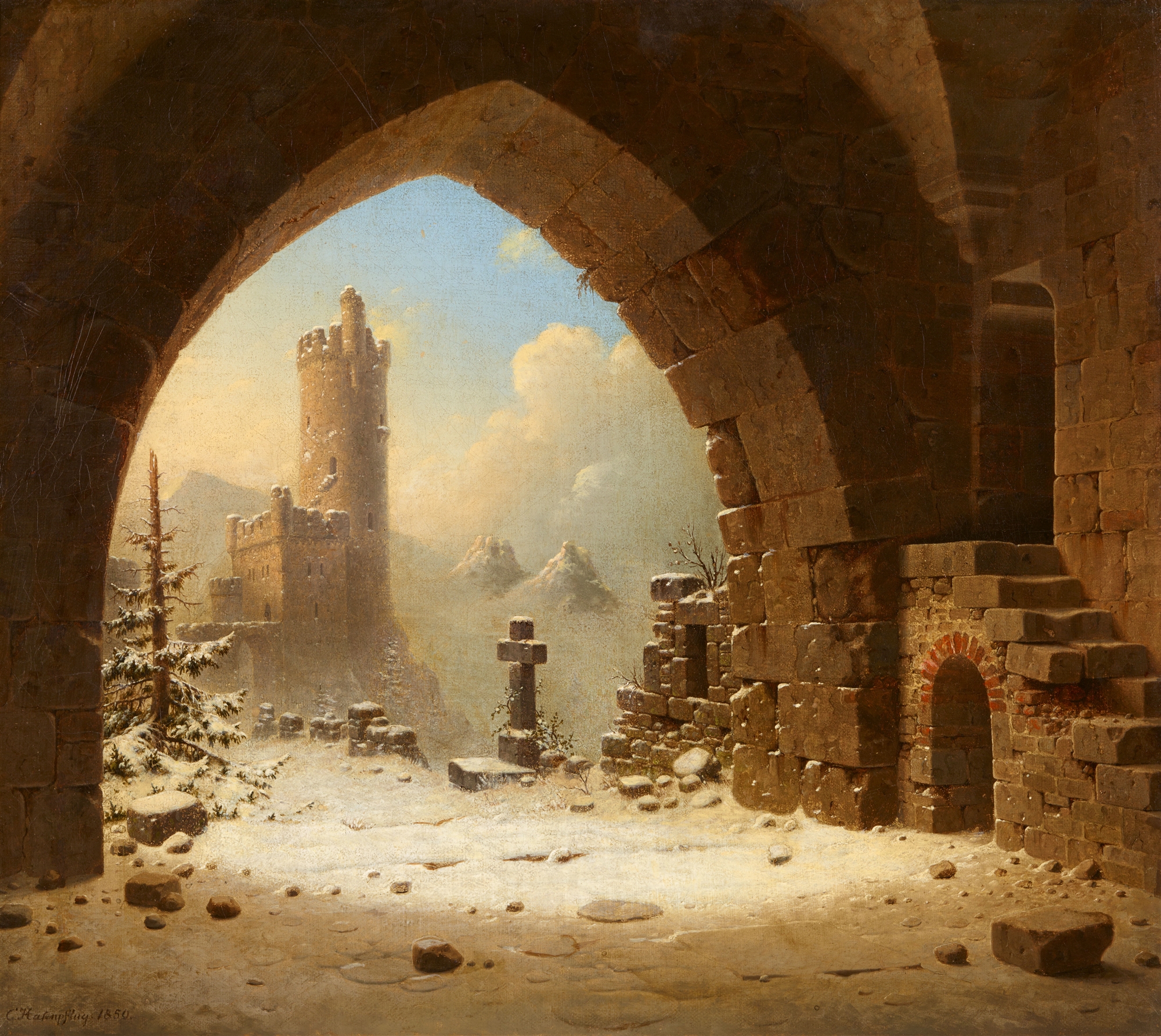 Carl Georg Adolph Hasenpflug, Castle Ruins in Winter seen through a Gothic Arch