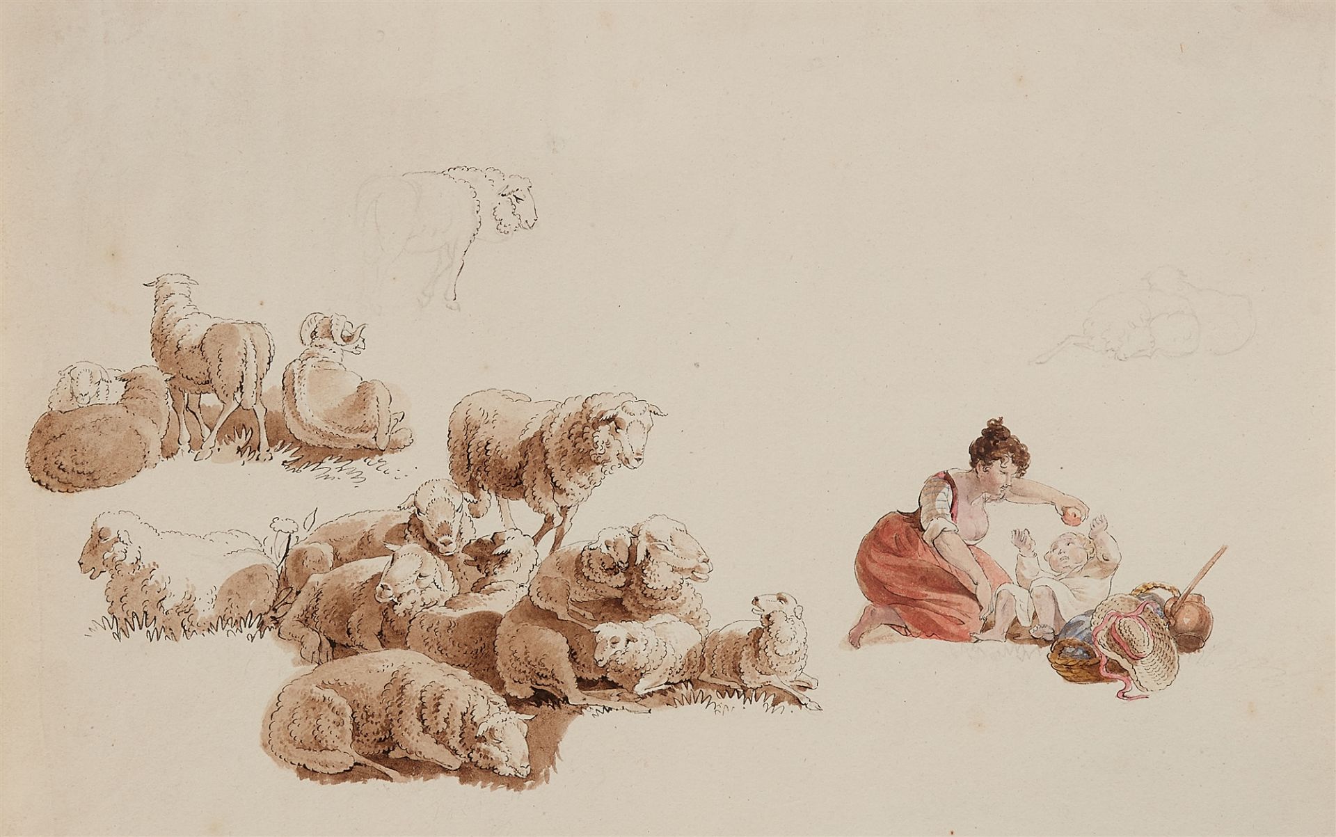 Adrian Zingg, Studie mit Schafen und einer Frau mit ihrem Kind