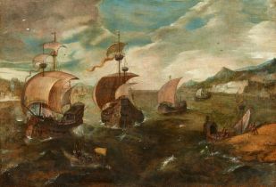 Pieter Brueghel d. J., Umkreis, Kriegsschiffe vor einer Küste