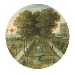 Maerten Rijkaert, Pair of tondos: Tree-Lined Path with Figures and a Moated Castle in the Background