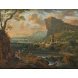 Johann Graf, Southern landscape with waterfall and village, horsemen and a beggar