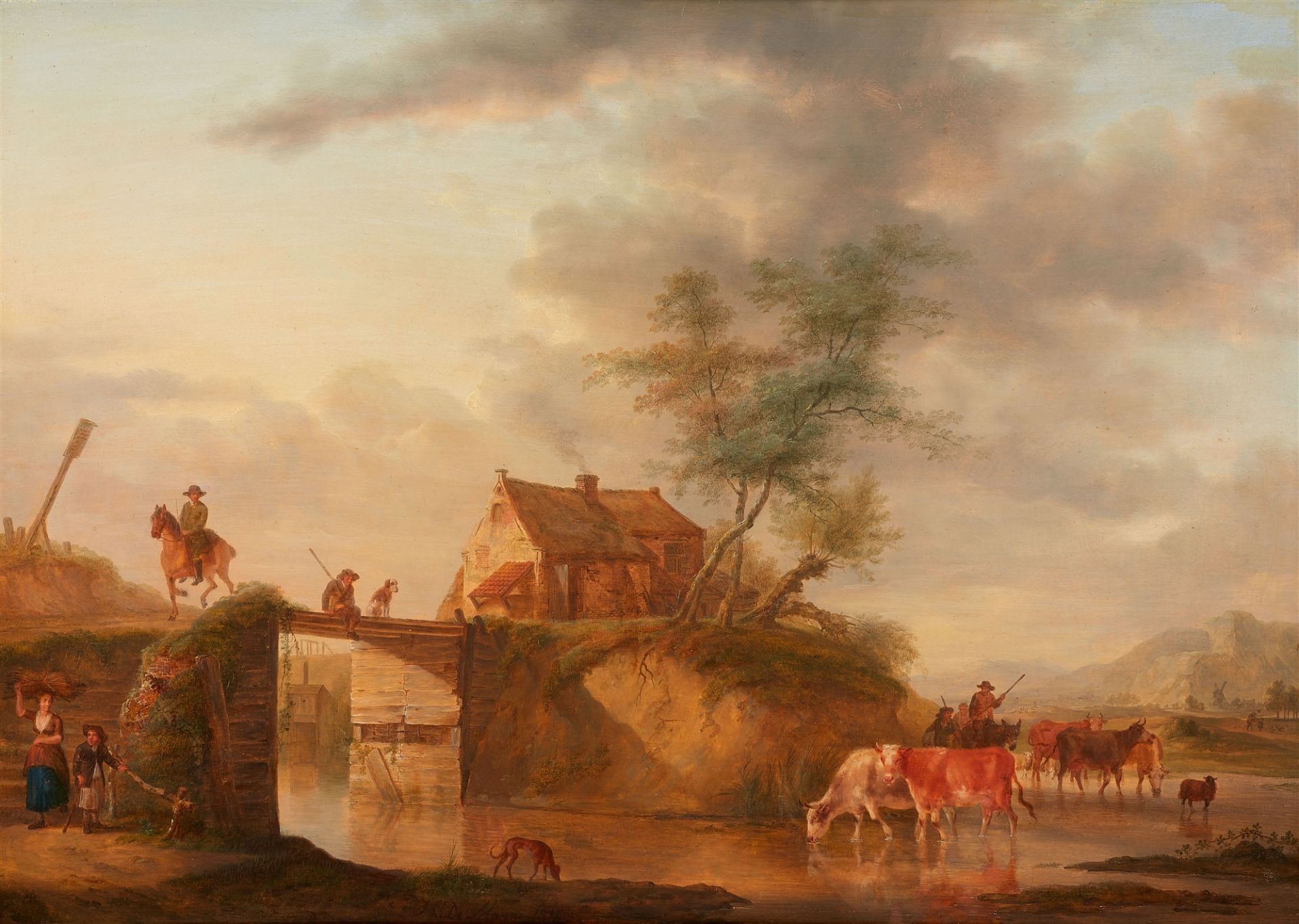 Jean Louis Demarne, Landschaft mit Fluss, Brücke, Bauernkate und Viehherde