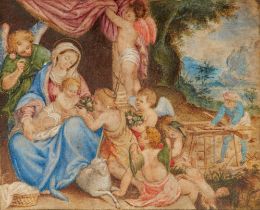 Niederländischer Meister des 16. Jahrhunderts, Madonna mit Kind und Engeln vor weiter Landschaft