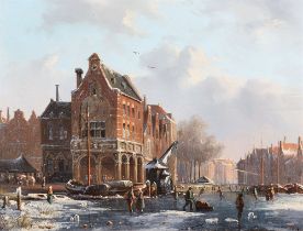 Adrianus Eversen, Zugefrorener Kanal in einer holländischen Stadt