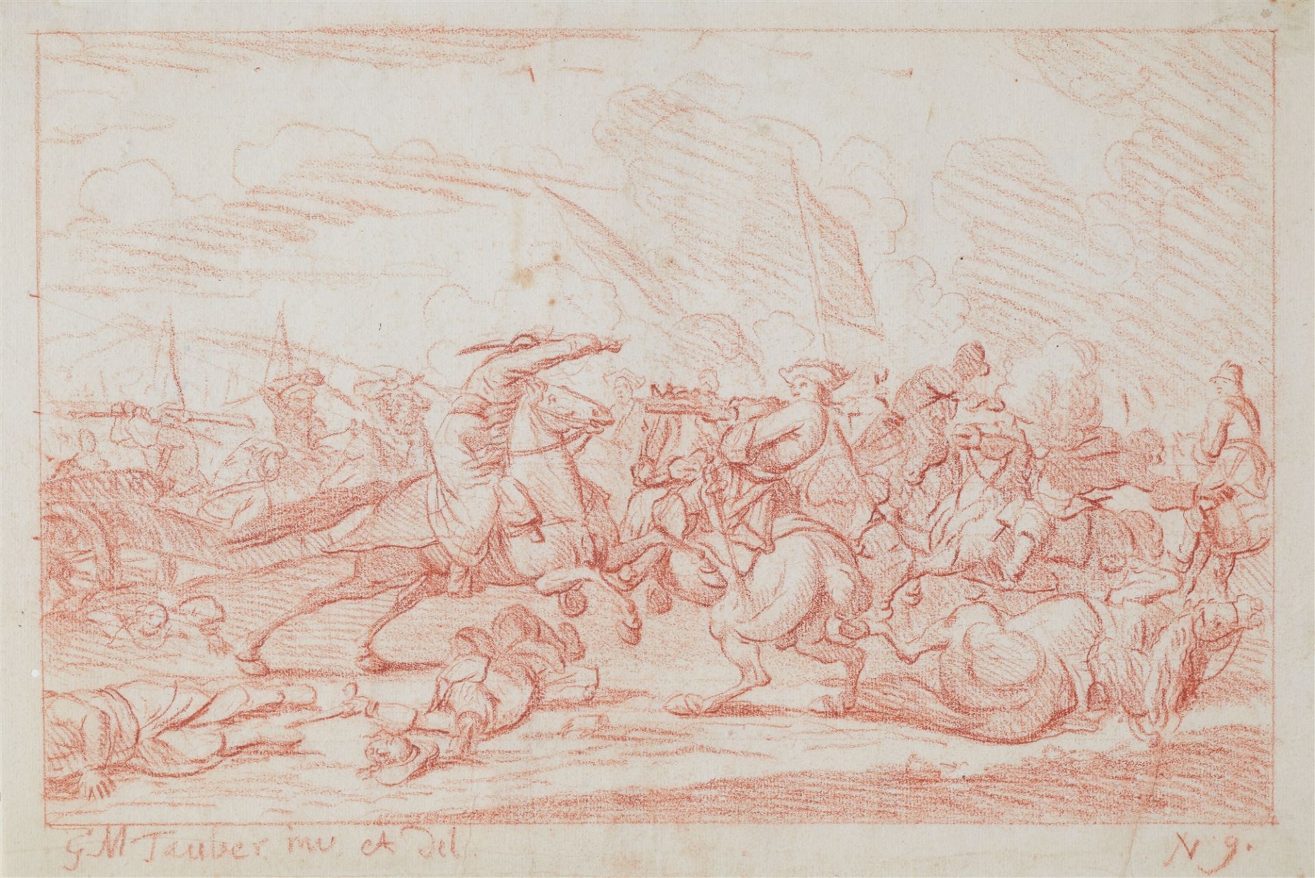 Georg Michael Tauber, Three red Chalk Drawings: Encampments and Cavalry Battles between the Emperors - Image 2 of 3