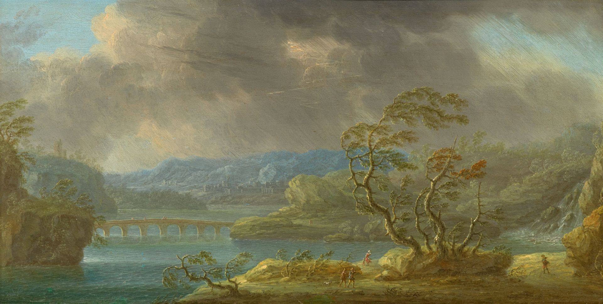 Orazio Grevenbroeck, View of a Southern Harbour, , Southern Landscape with River and Bridge in Storm - Image 2 of 2