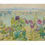 Max Clarenbach, Blüten (Stockrosen), Blick auf den Rhein bei Wittlaer